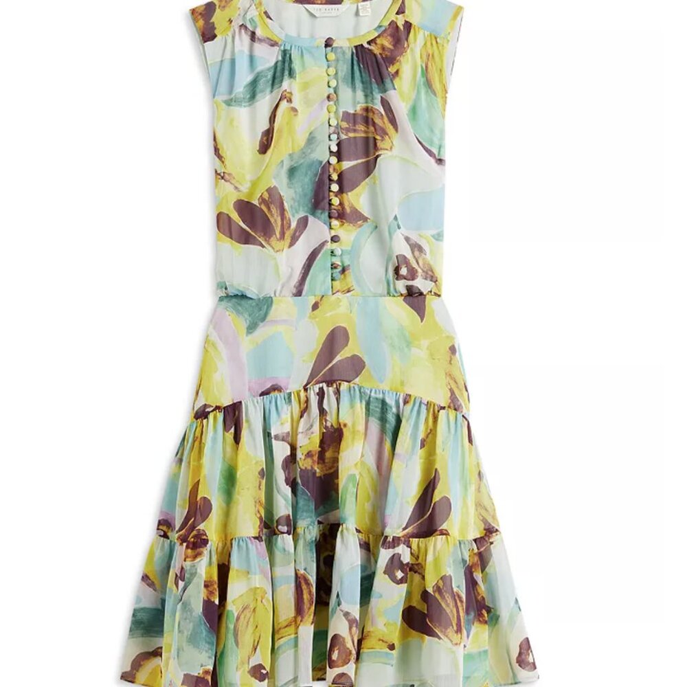 Ted Baker Ellain button up printed sleeveless Floral Dress 2 drop waIst - Picture 2 of 10
